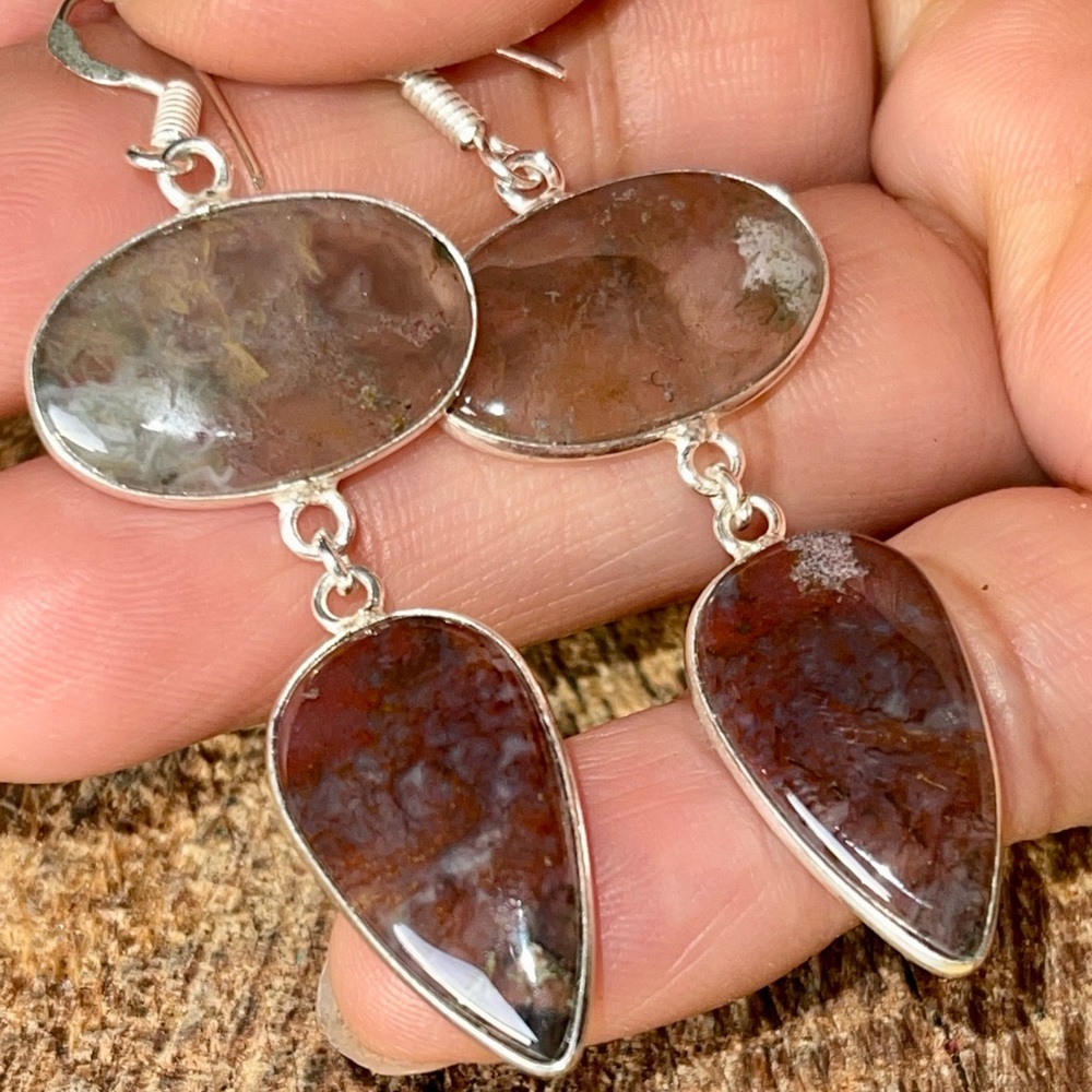 Mocha Stone Green Moss Agate Earrings 2”
